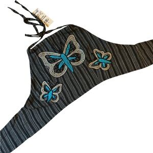 Kathmandu Imports Striped Butterfly Embroidered Tie Back Cotton Halter Top NWT